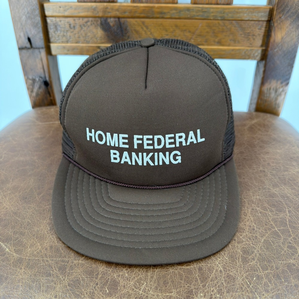 Winner Home Federal Banking Trucker Hat Unisex OSFM Brown Good Vintage Mesh Rope